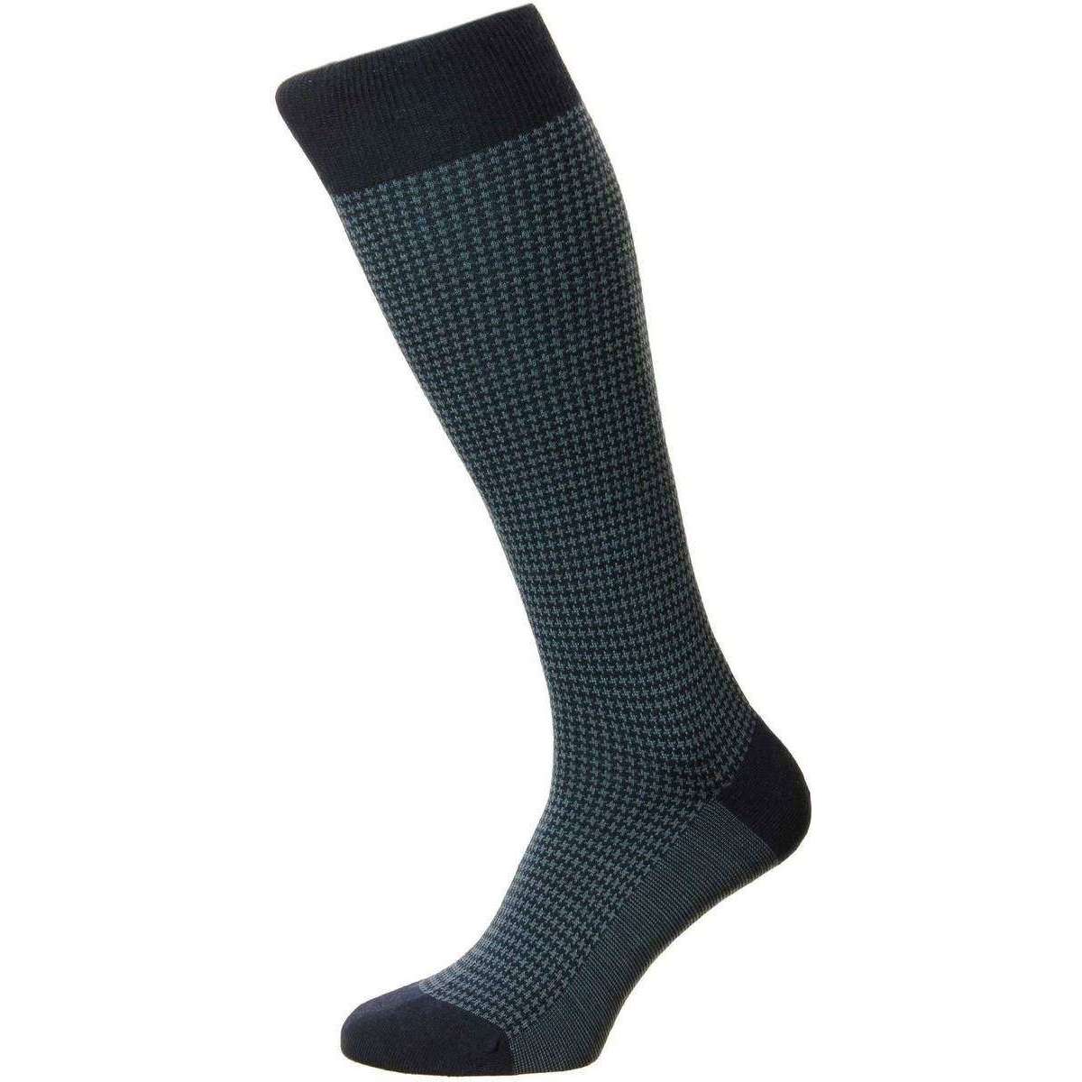 Pantherella Highbury Merino Wool Houndstooth Over the Calf  Socks - Navy