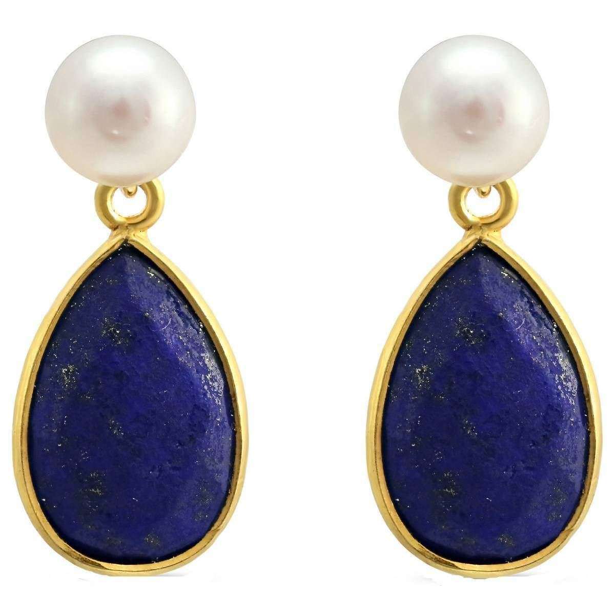 pearls of the orient clara freshwater pearl lapis lazuli drop earrings - blue