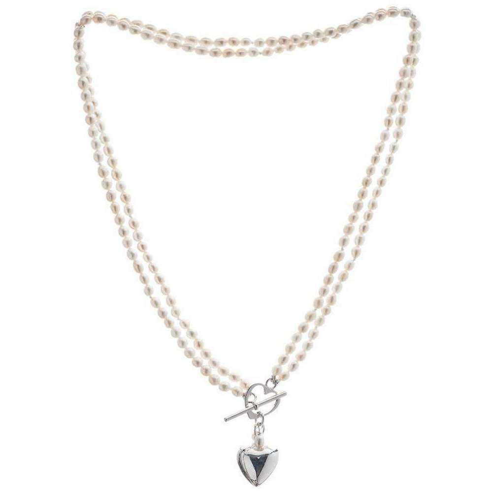 Pearls of the Orient Double Strand Freshwater Pearl Heart Charm Necklace - White/Silver