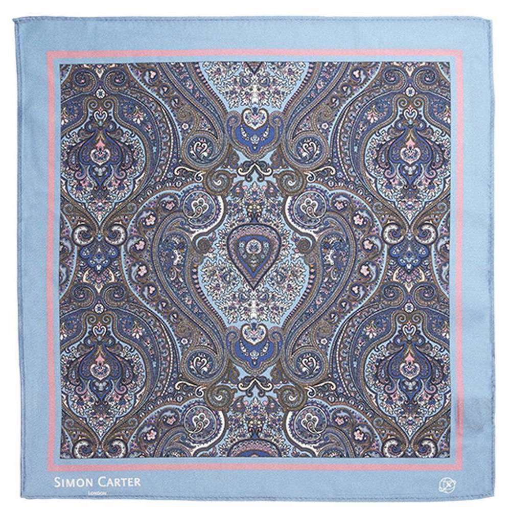 Simon Carter Framed Paisely Silk Pocket Square - Pale Blue/Pink