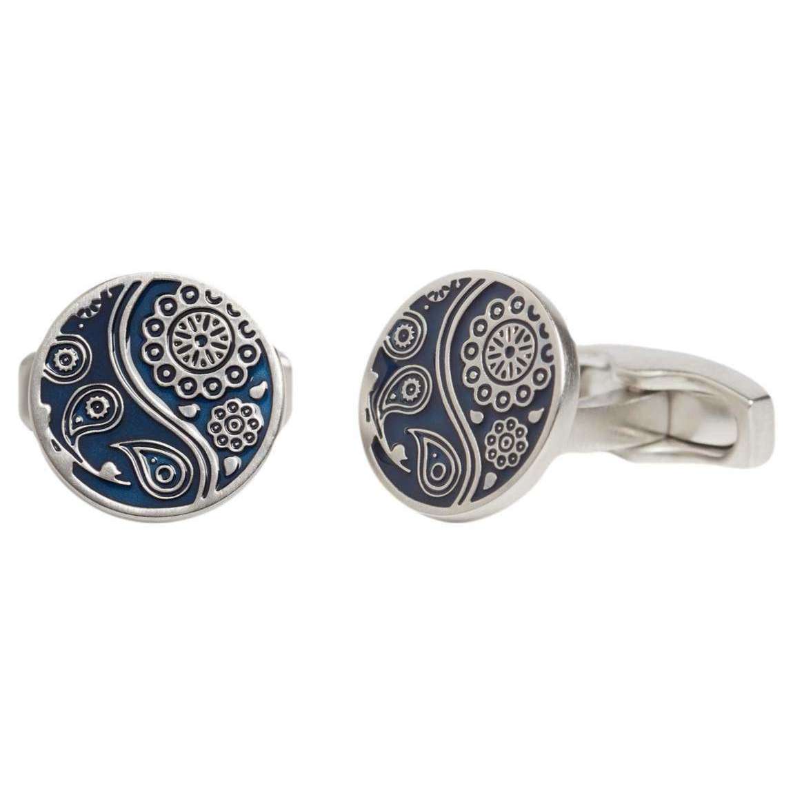 Simon Carter Paisley Guilloche Enamel Cufflinks - Navy