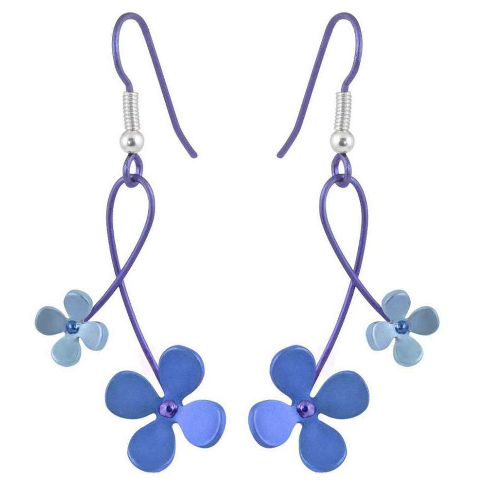 Ti2 Titanium 30mm Double Drop Four Petal Flower Earrings - Blue