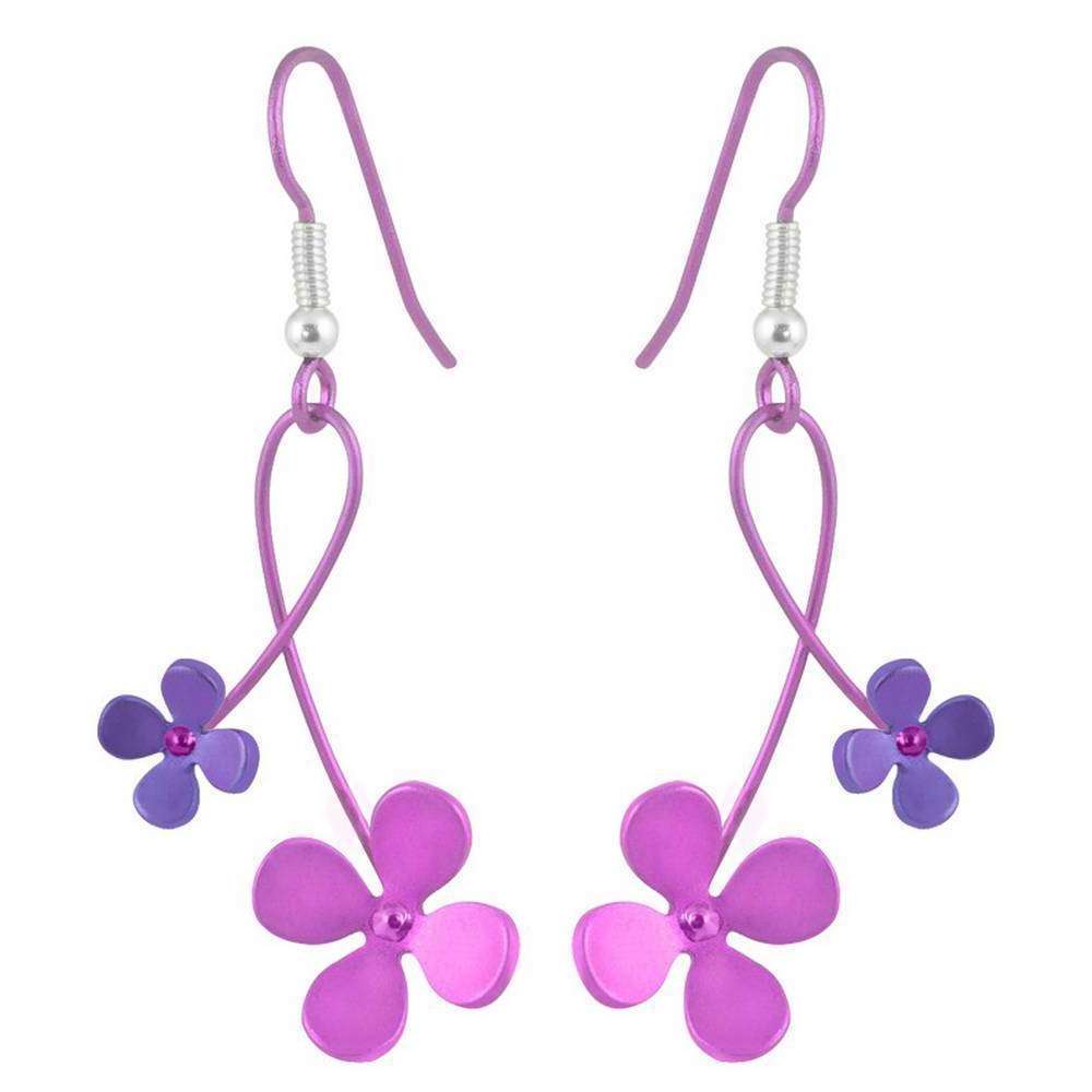 Ti2 Titanium 30mm Double Drop Four Petal Flower Earrings - Pink