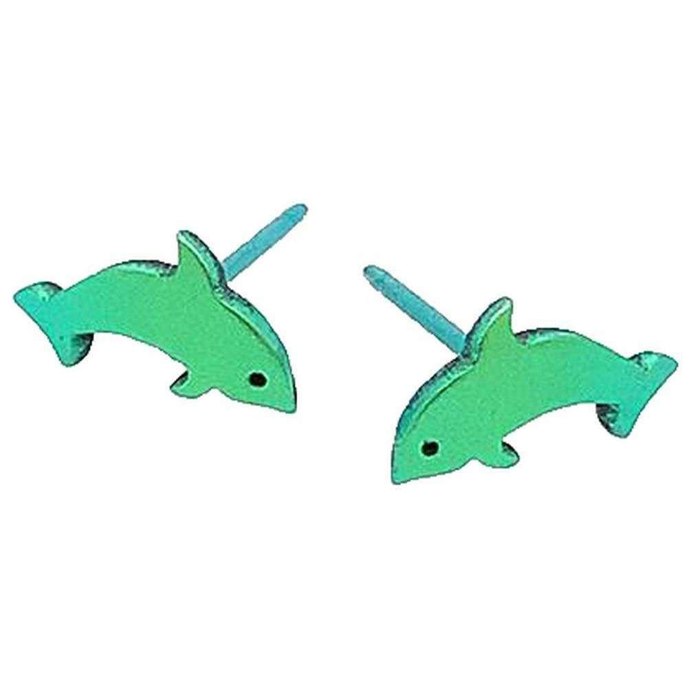 Ti2 Titanium Dolphin Stud Earrings - Green