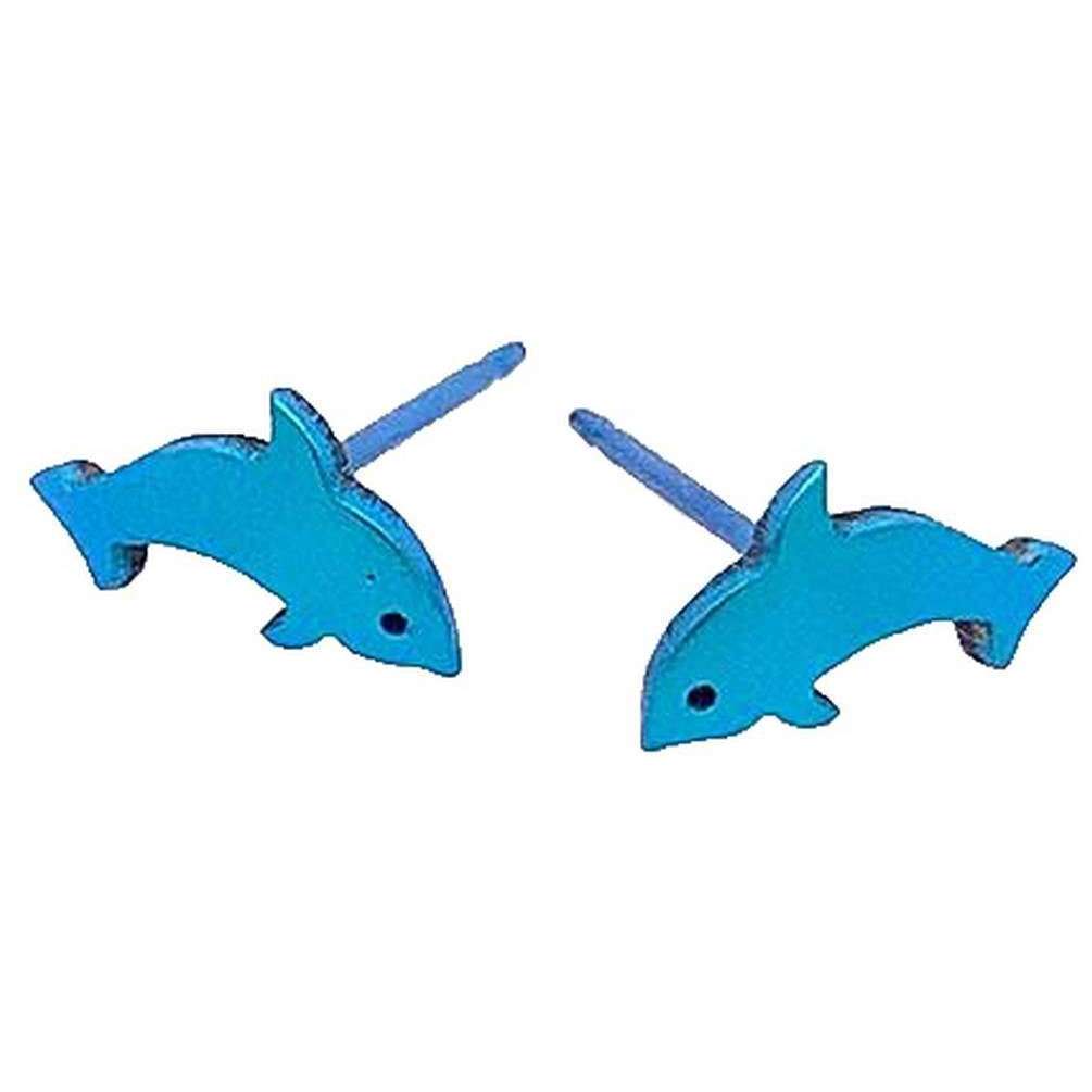Ti2 Titanium Dolphin Stud Earrings - Kingfisher Blue