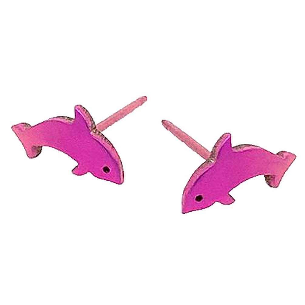 Ti2 Titanium Dolphin Stud Earrings - Pink