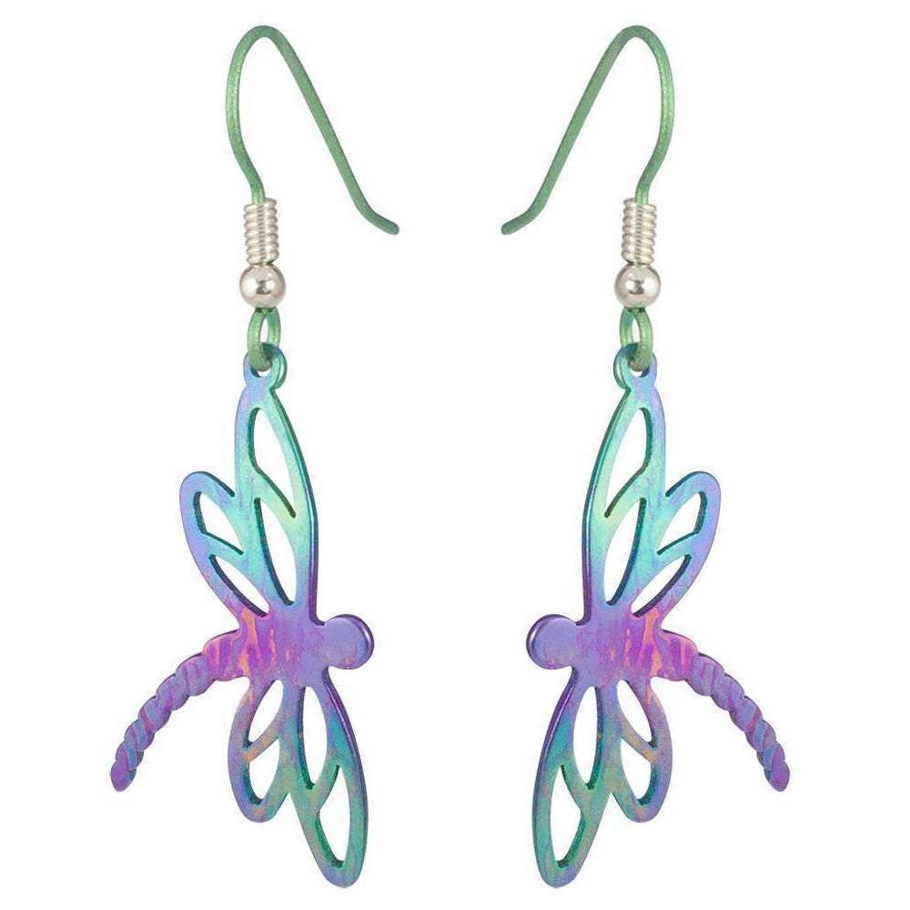 Ti2 Titanium Dragonfly Drop Earrings - Green/Purple/Pink
