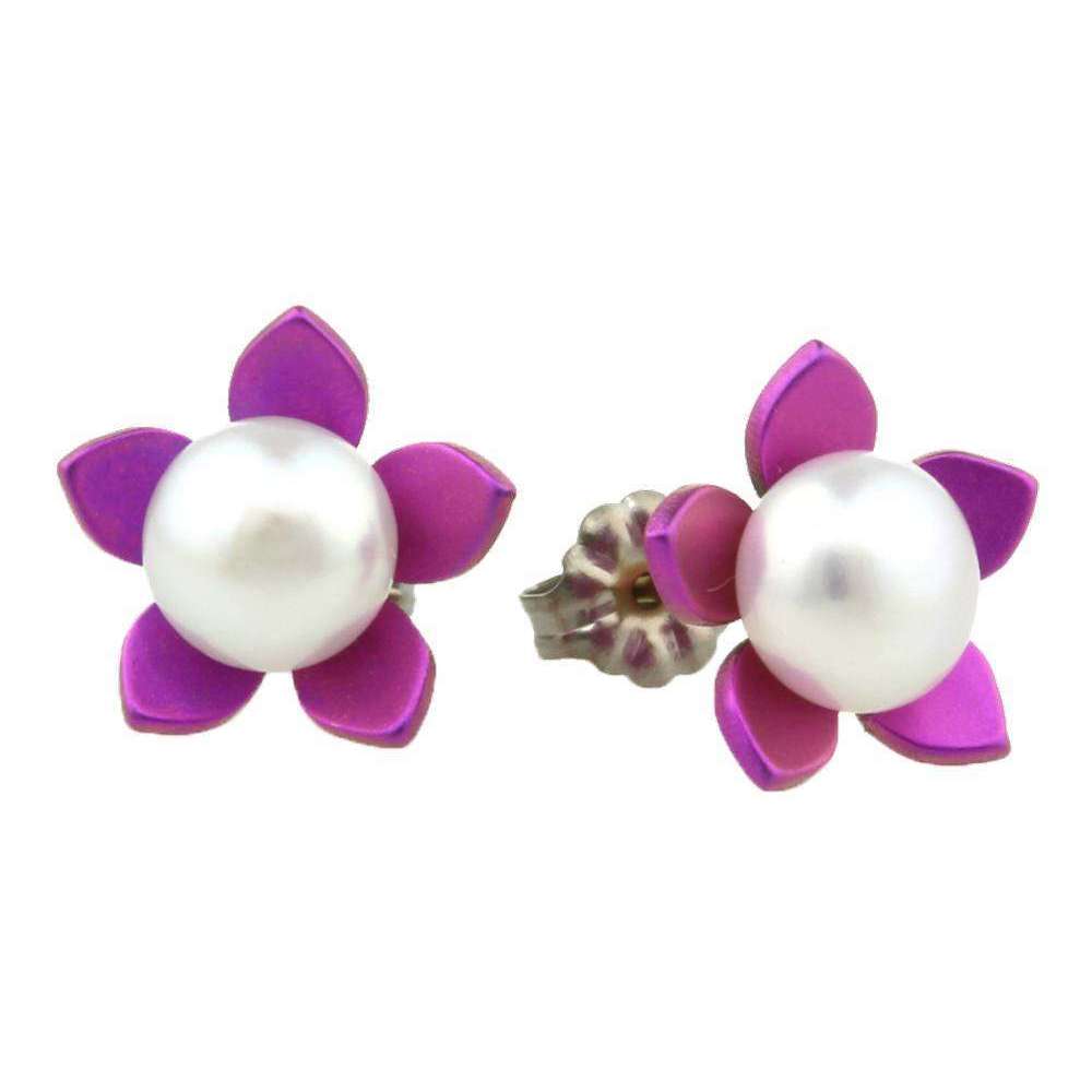 Ti2 Titanium Large Flower and Pearl Stud Earrings - Candy Pink