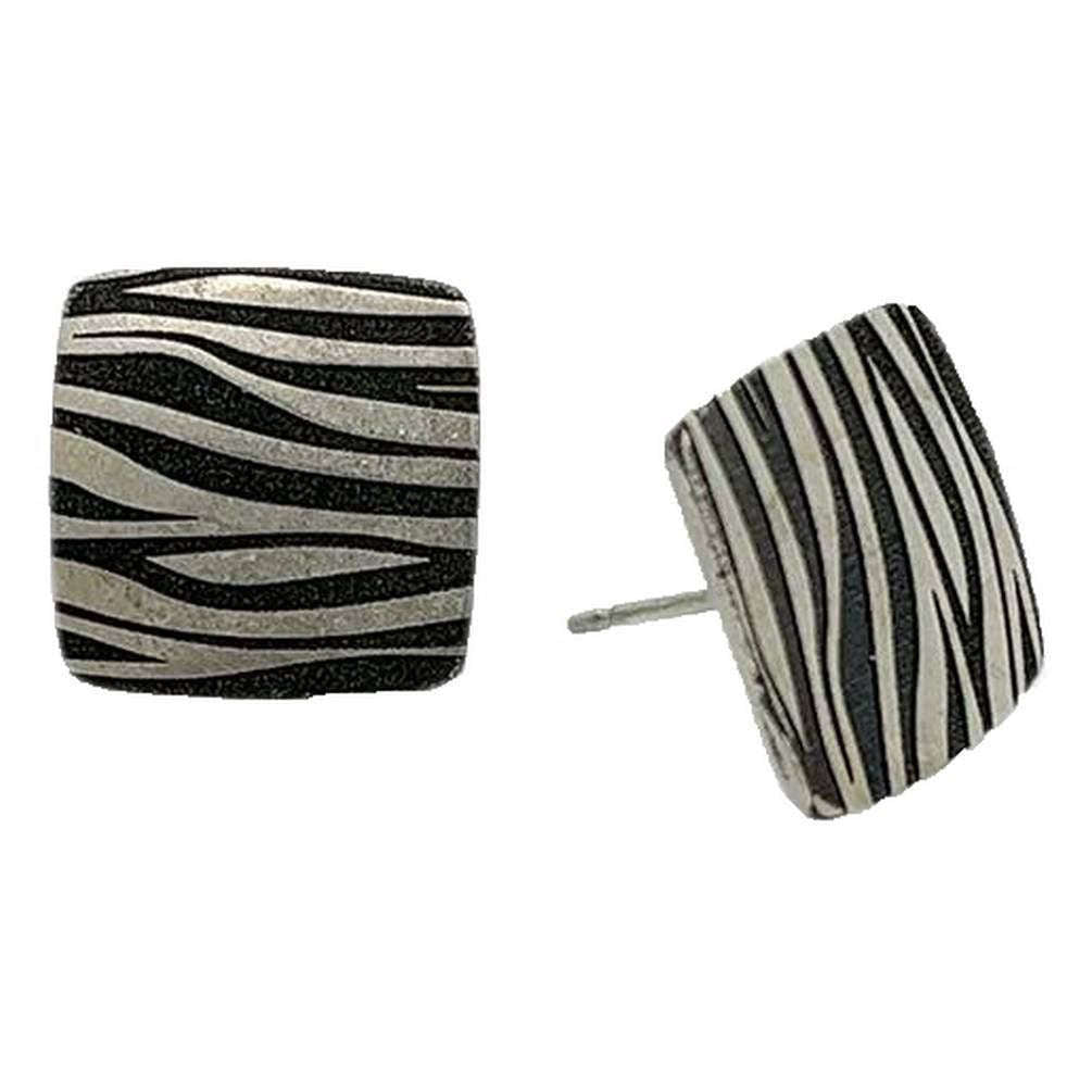 Ti2 Titanium Zebra Print Square Studs Earrings - Silver/Black