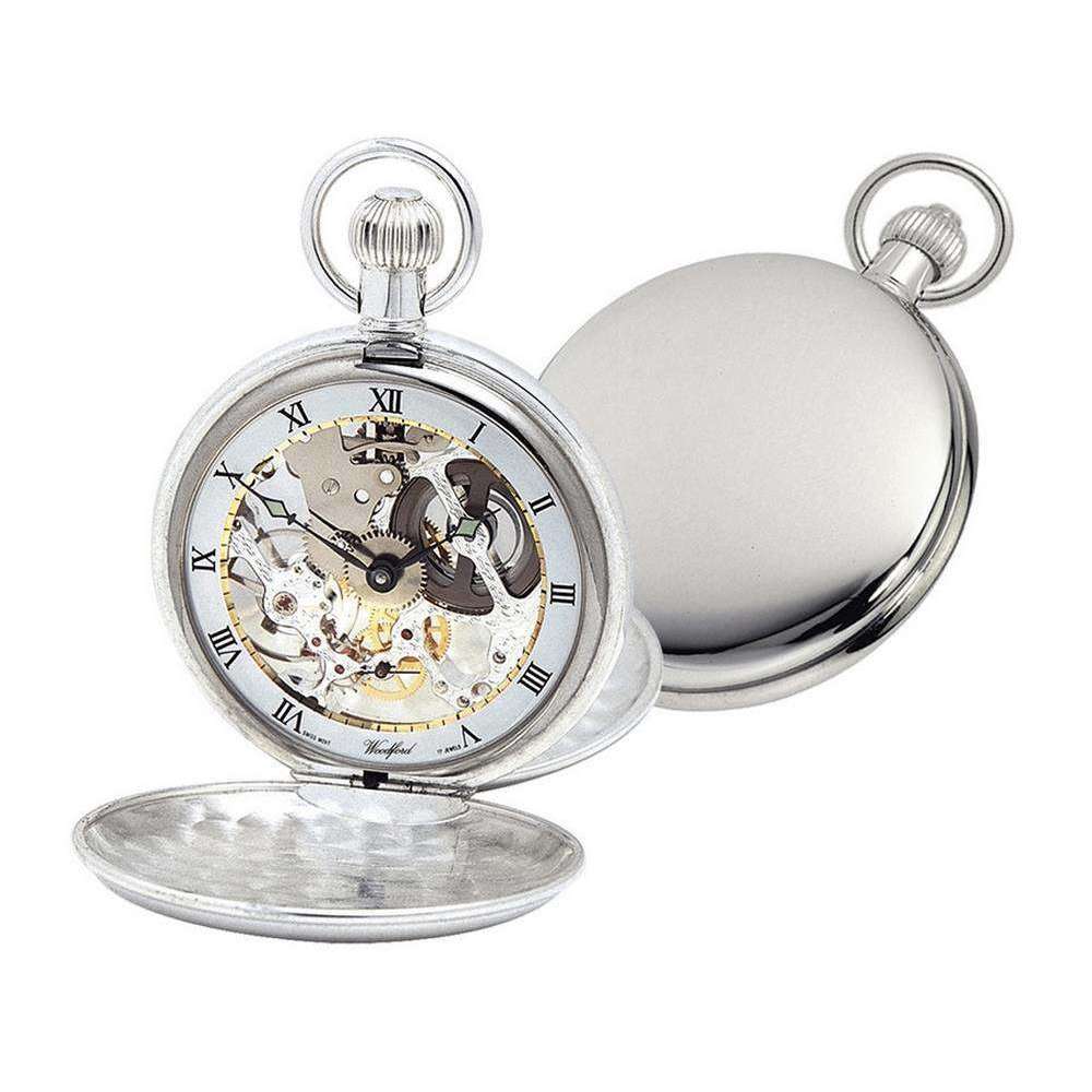 Woodford Albert Double Full Hunter Swiss Skeleton Pocket Watch - Silver