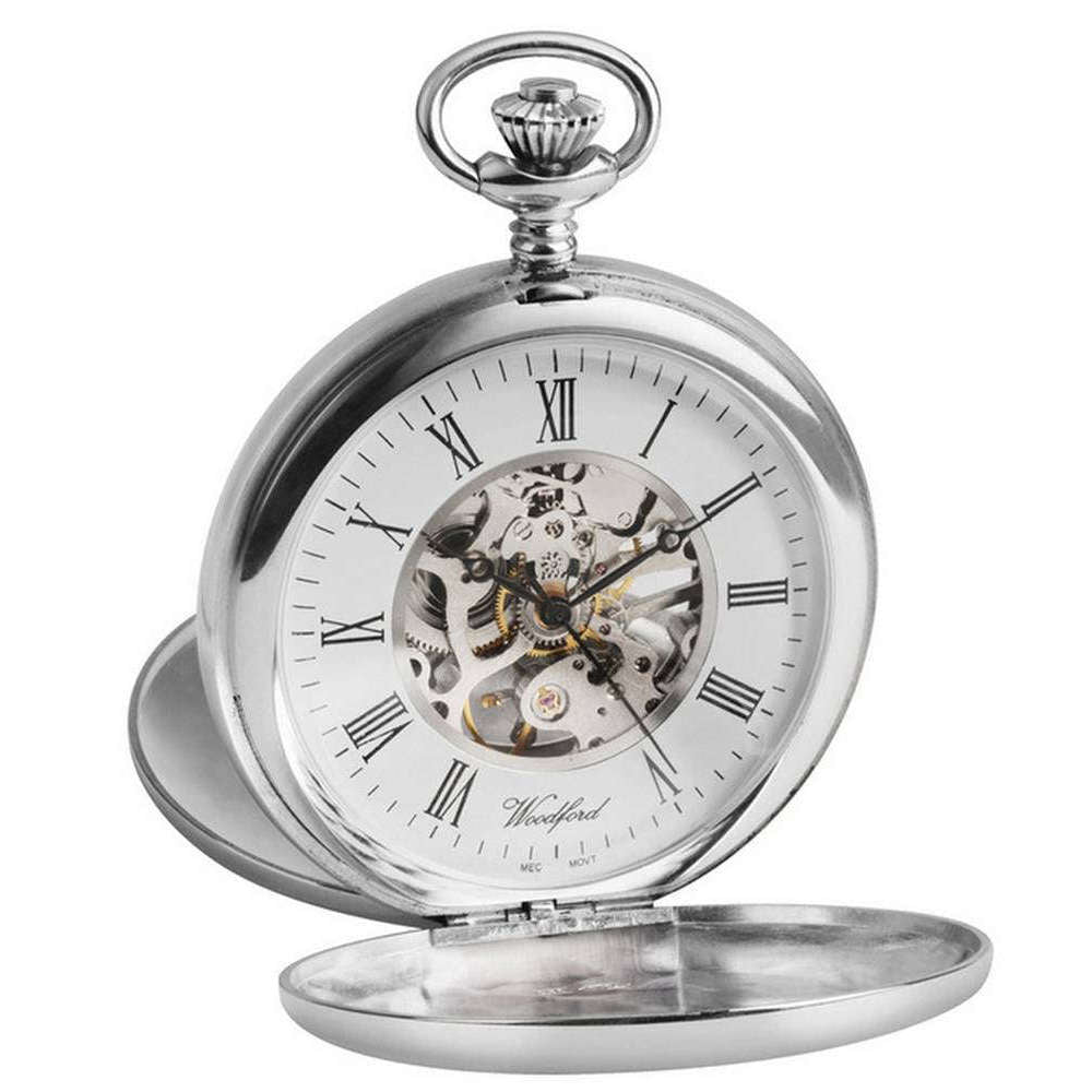 Woodford Albert Skeleton Twin Lid Pocket Watch - Silver