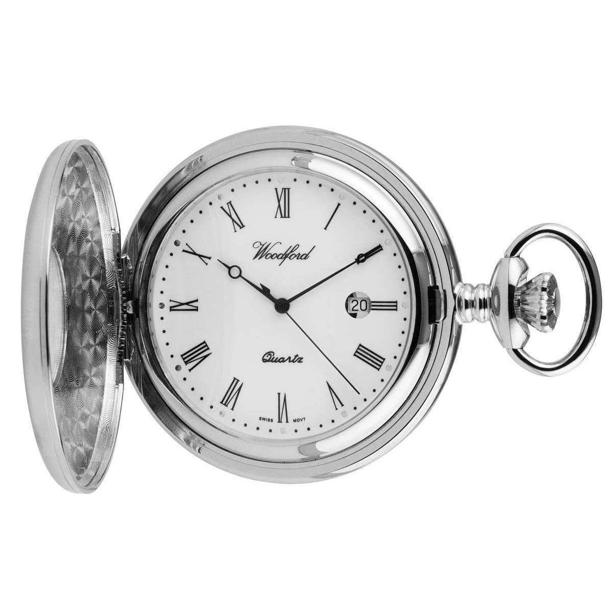 Woodford Chrome Plated Roman Numeral Half Hunter Quartz Pocket Watch - Silver