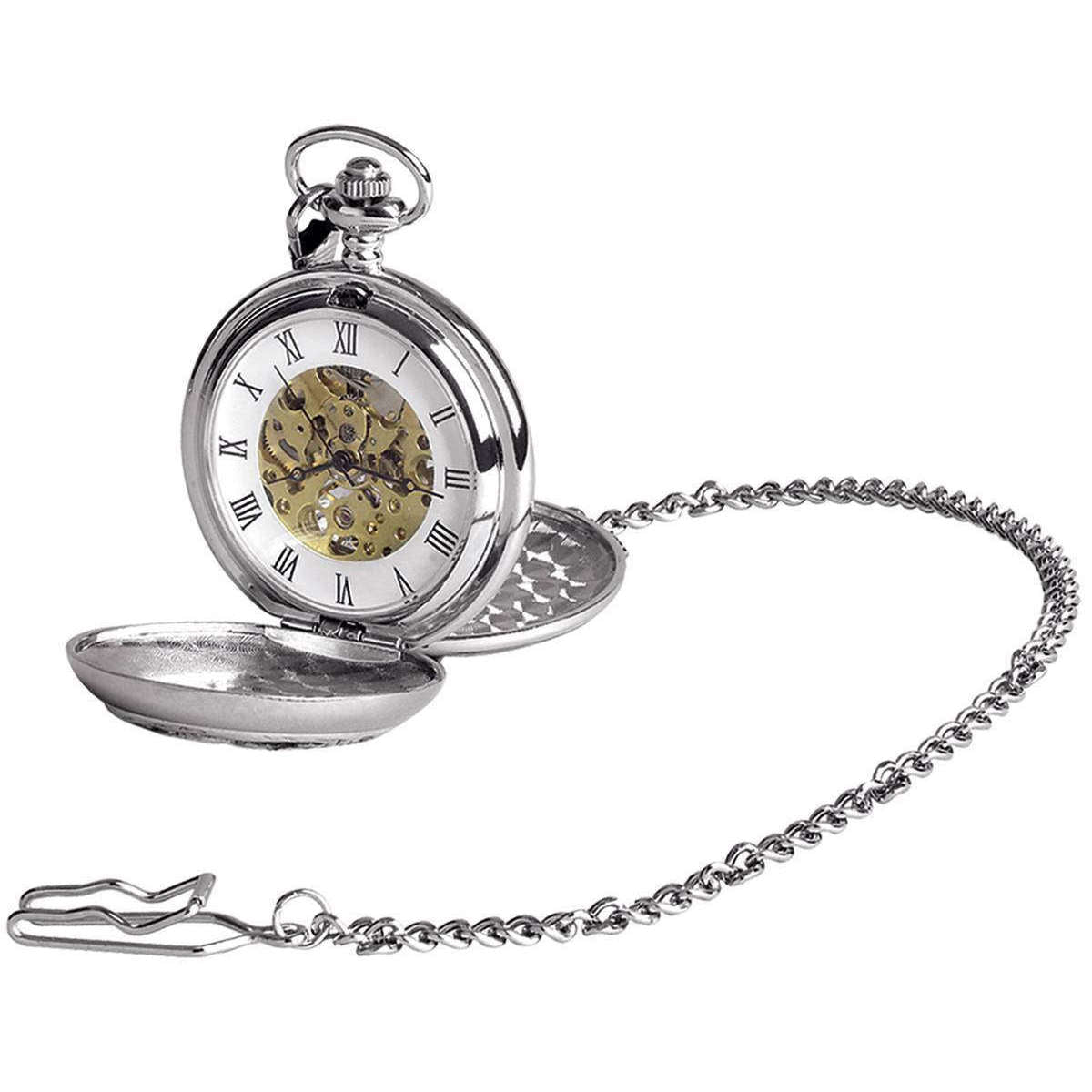 Woodford Monarch of the Glen Chrome Plated Double Full Hunter Skeleton Pocket Watch - Silver