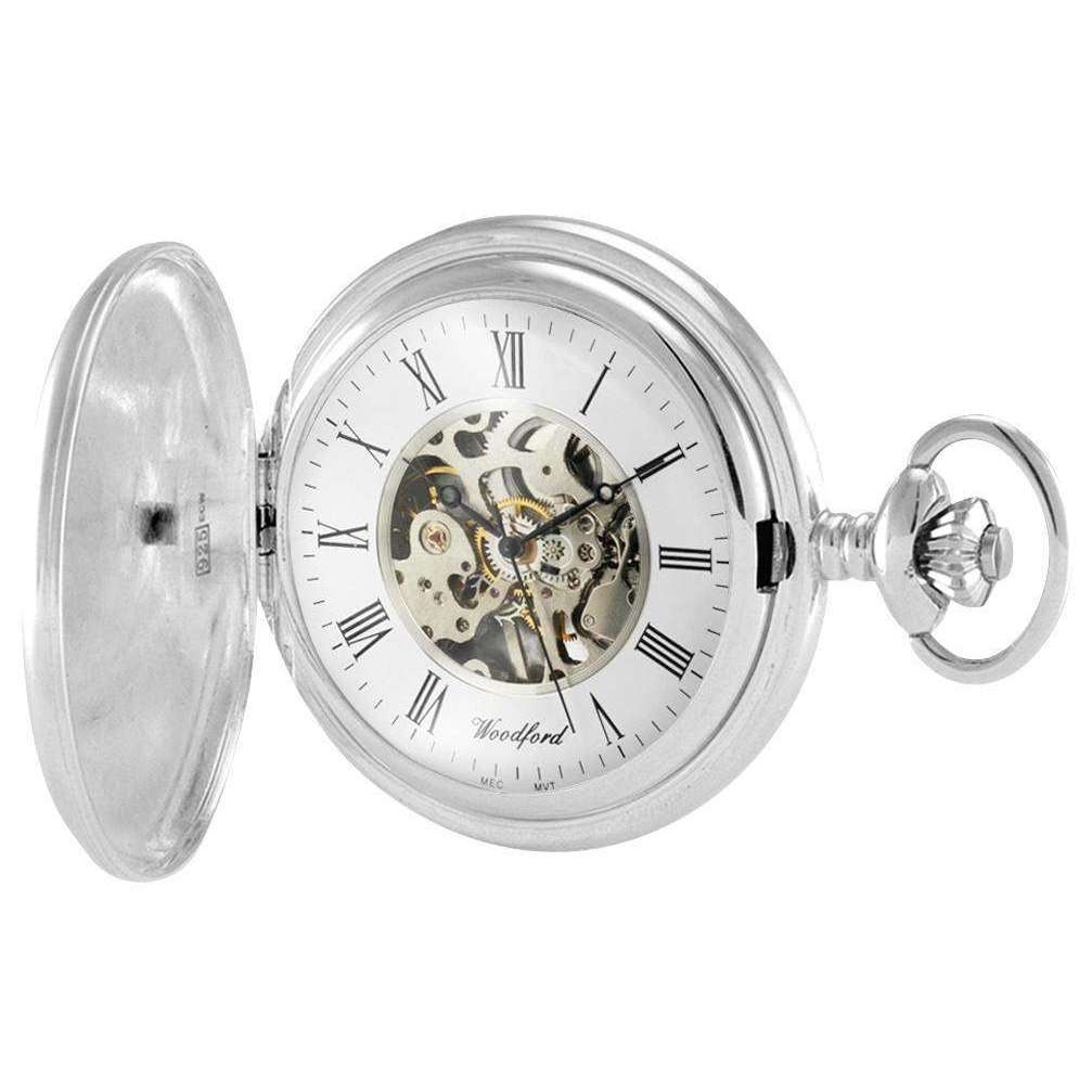 woodford sterling silver full hunter skeleton pocket watch - silver