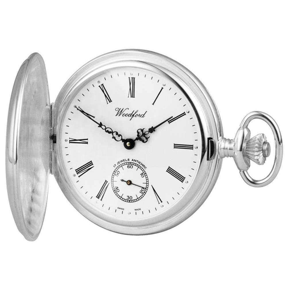 Woodford Sterling Silver Polished Full Hunter Swiss Pocket Watch - Silver