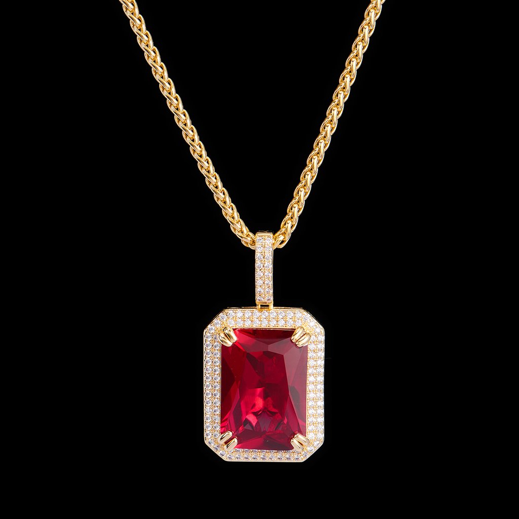 14K Gold Iced Out Ruby Pendant - Ruby Necklace - Aporro Brand