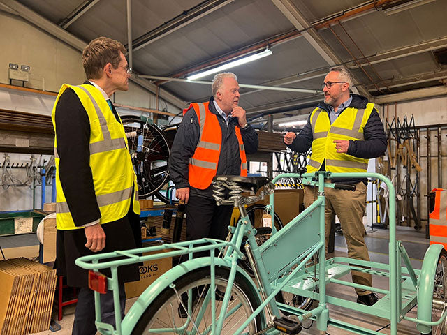 Andy Street looking at classic vending trike in the Pashley Factory. With Steven Bell and Adam Tranter.