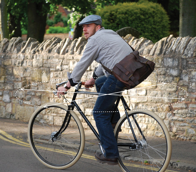 Man riding a bike with dotted lines indicating social distancing perimeter.