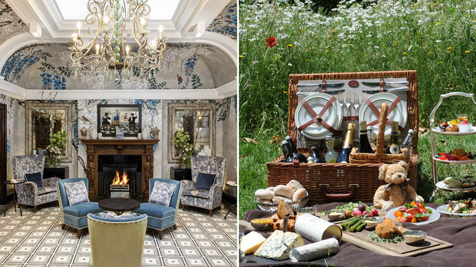 Split image: one side showing Browns Hotel's luxurious blue theme lounge, and the other an afternoon teat picnic hamper.