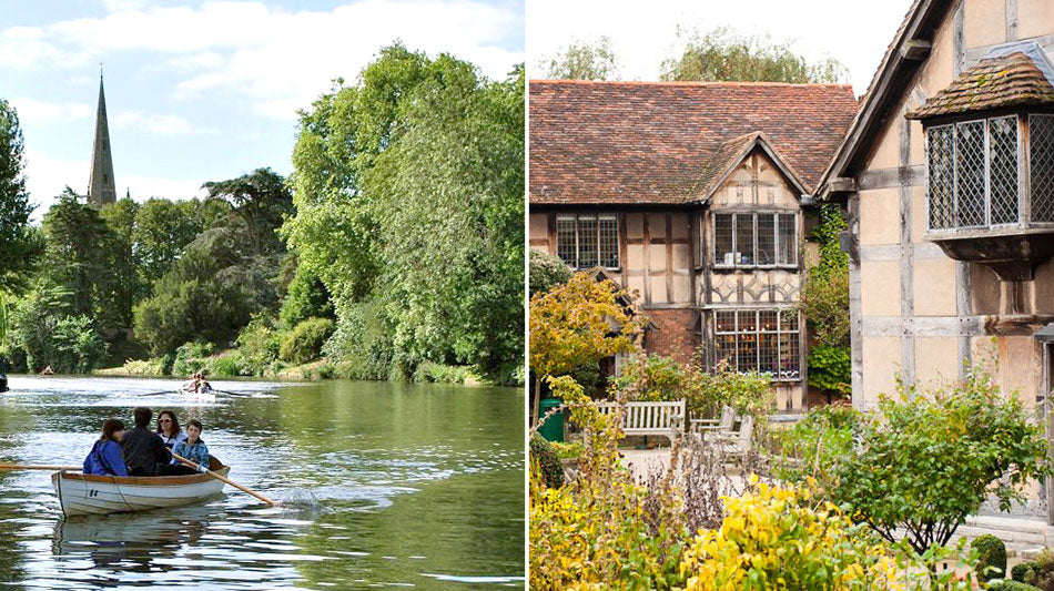 Split image: on side showing a family rowing on the river Avon, the showing the garden at Shakespeare's birthplace.