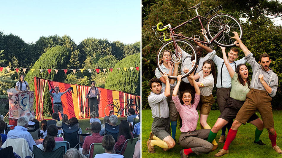 Split image: one side showing the handlebars performing Shakespeare outside, the showing eight of the handlebars actors holding a Pashley Pathfinder above their heads.