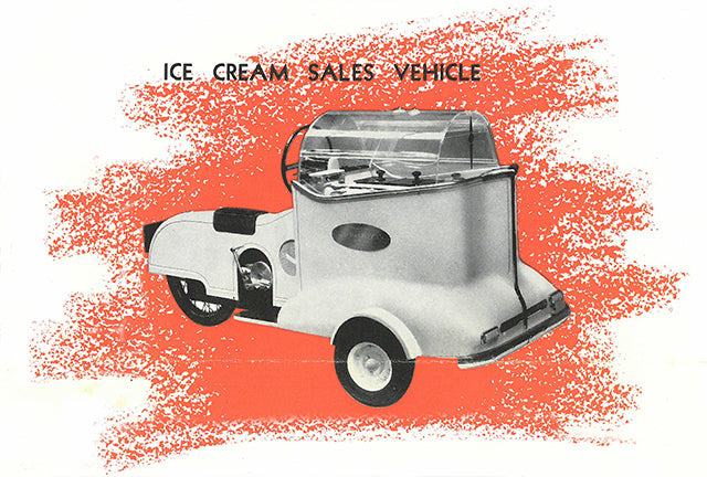 Vintage drawing of a Pashley ice cream vending motorised three-wheeler.