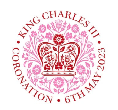 official coronation emblem for King Charles III in pink and red colours