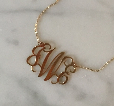Monogrammed necklace with three initials intertwined in sterling silver or 18k gold plate