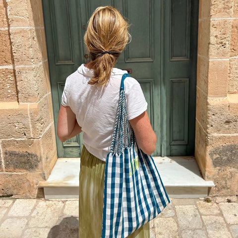 Cotton gingham tote bag with plaited handles.