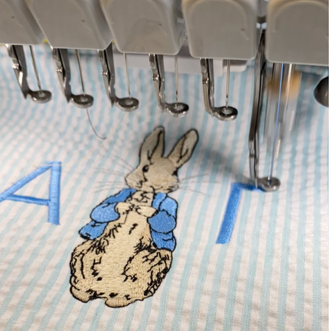 Peter rabbit embroidery design on seersucker washbag