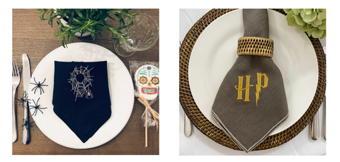 Monogrammed linen napkins for Halloween and Guy Fawkes night