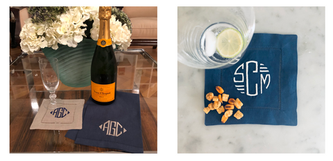 Monogrammed cocktail napkins and linen coasters