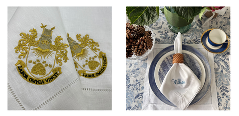 Embroidered linen napkins with family crests or monograms for Hanukkah celebrations