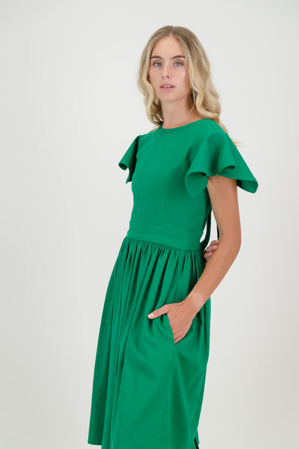 The Forest Green Camelia Open Back Dress