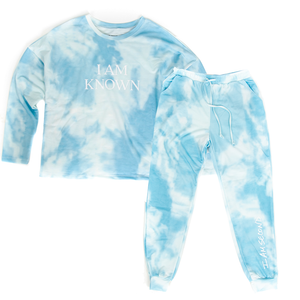 I Am Second plus She Who Is I am known blue tie dye long sleeve and joggers set