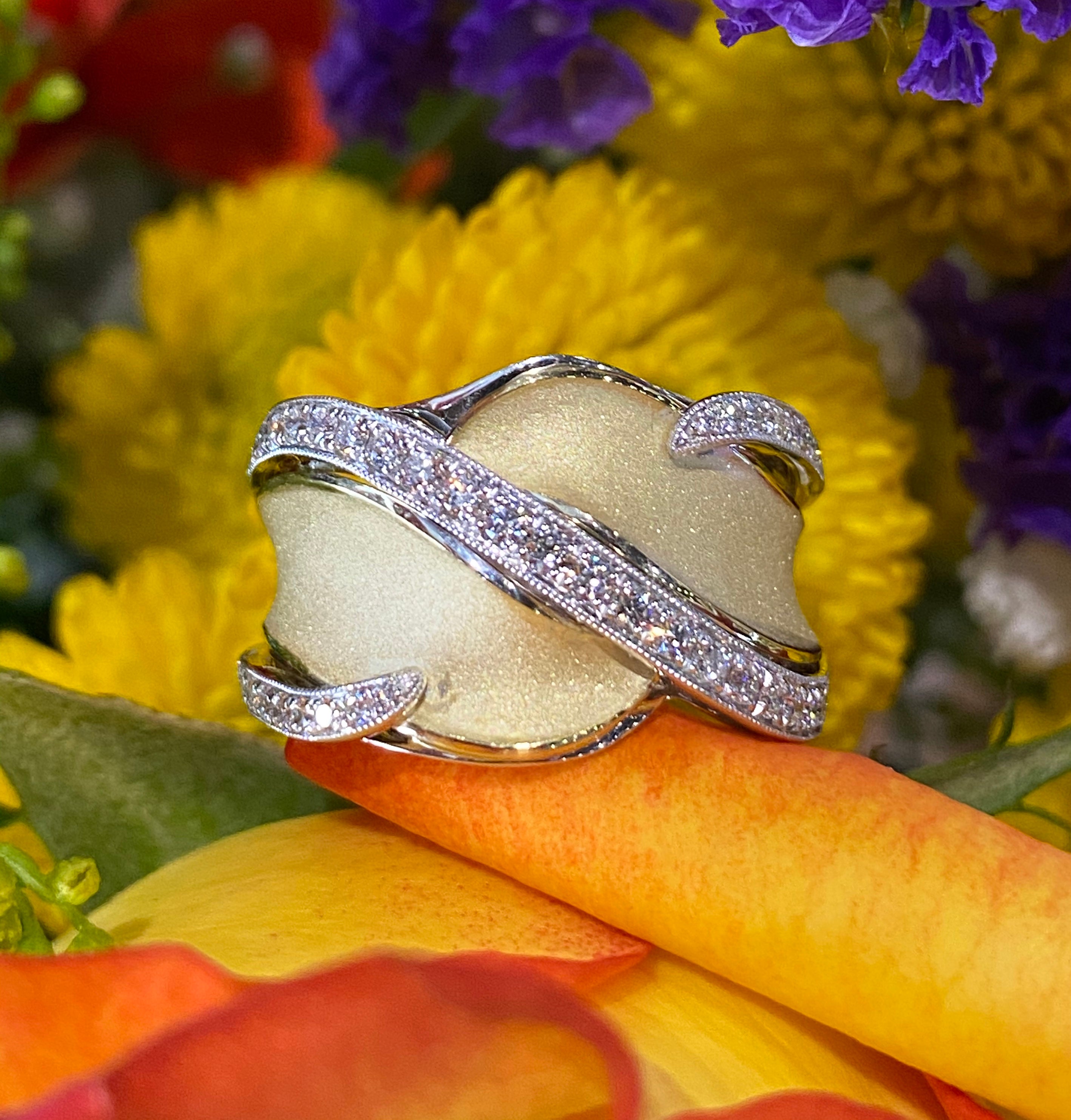 Simon G "Frosted"  Diamond Ring in 18K White and Yellow Gold LR2510