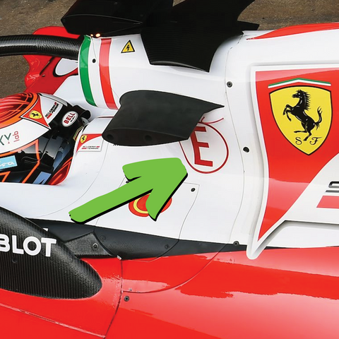 The red "E" sticker is placed on every formula 1 car for the fire marshals to quickly identify the location of on-board fire suppression system.