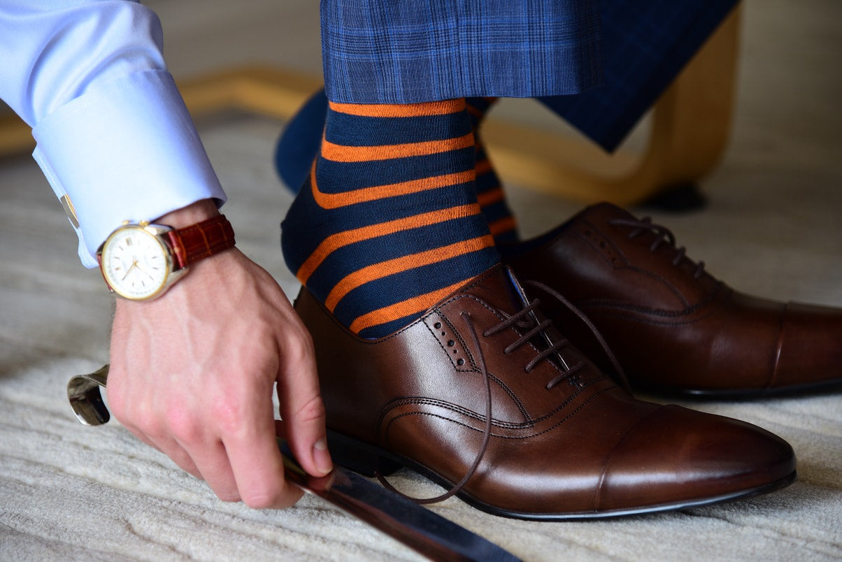 Colorful Striped Dress Socks for Men - Navy Blue and Orange – Fit Elite  Socks