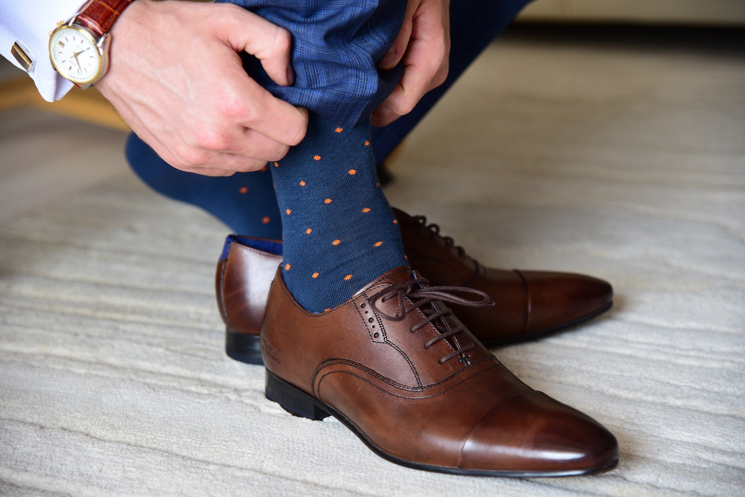 Men S Navy Blue Dress Socks With Orange Polka Dots Fit Elite Socks