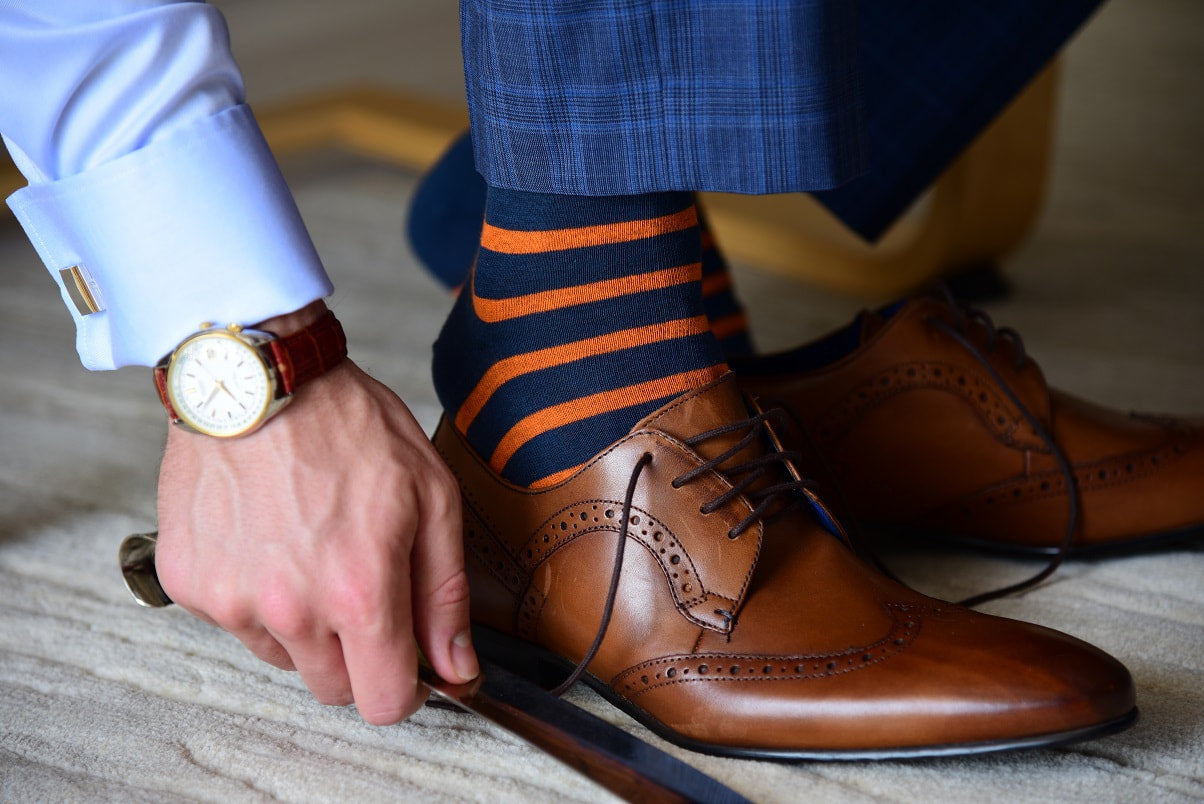 Colorful Striped Dress Socks for Men - Navy Blue and Orange – Fit Elite ...