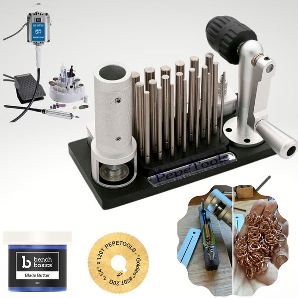 The Ringinator®  A bulk jump ring maker machine that saw cuts Aluminum,  Copper, Titanium, Silver, and Stainless Steel jump rings, with perfectly  flush cut ends.