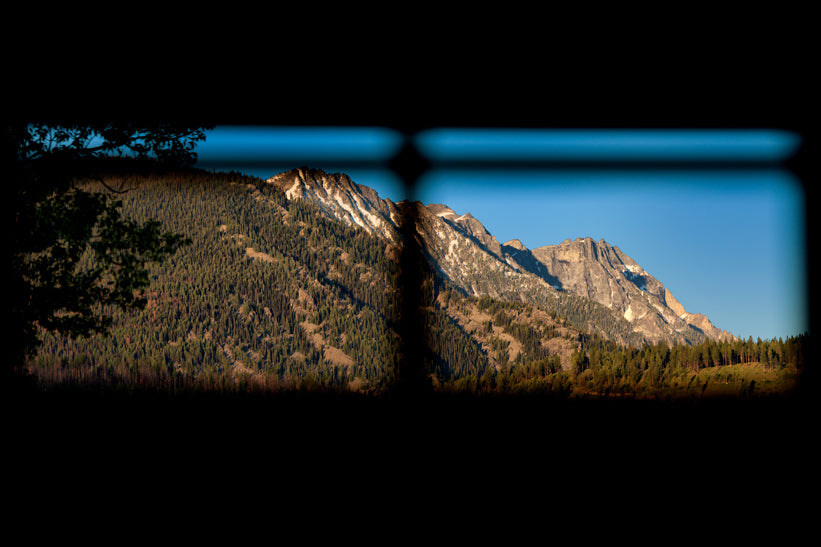 mountain ridge through the perspective of a window