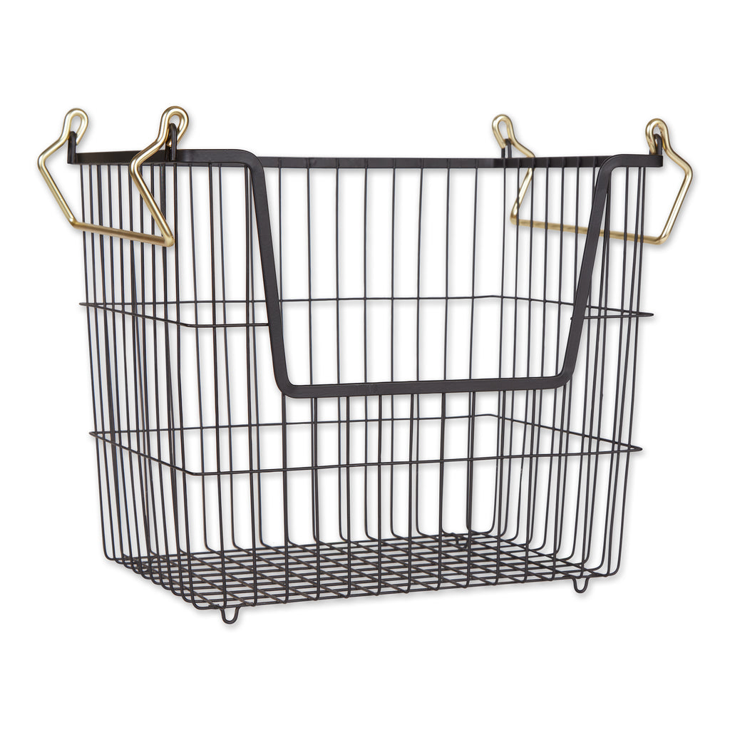 Metal Rectangular Wire Basket with Wooden Handle Black for Reception  Kitchen