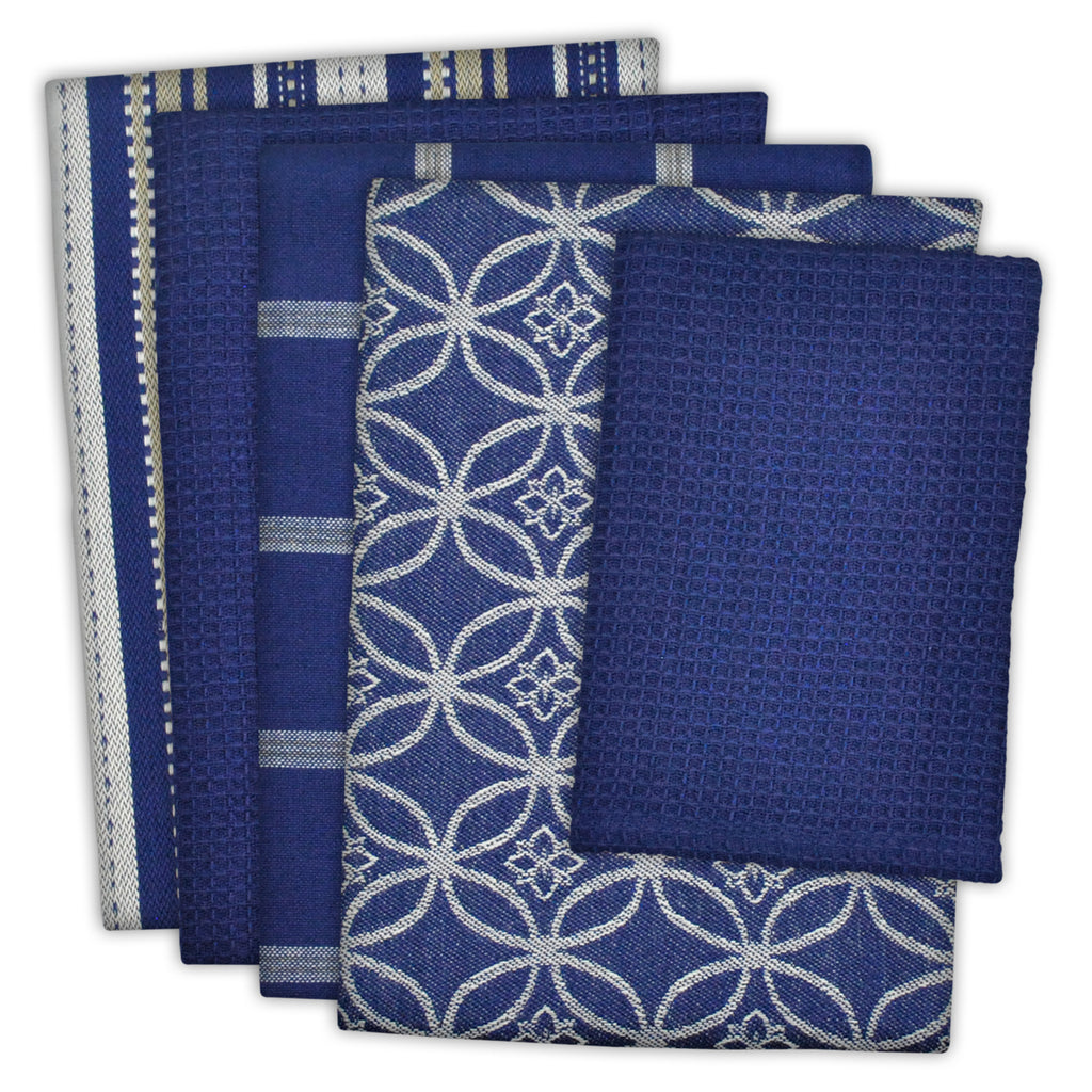 Set of 5 Assorted Stonewash Blue & White Everyday Dish Towel, 28