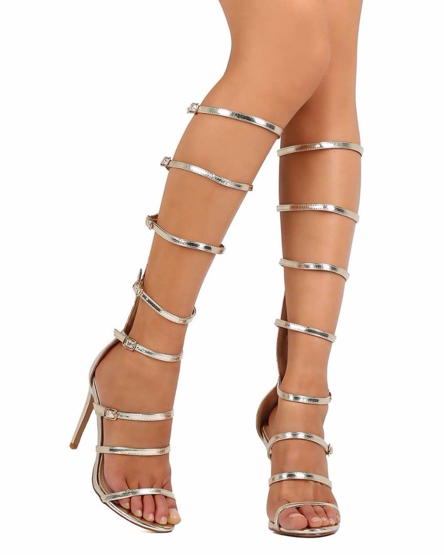 silver knee high gladiator heels