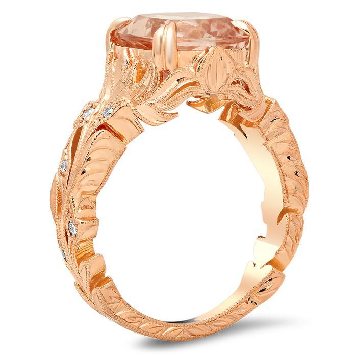 Emerald Cut Morganite Engagement Ring With Leaf Design – Debebians