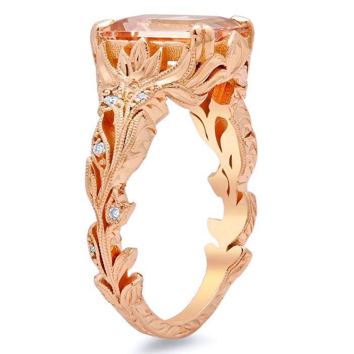 Emerald Cut Morganite Engagement Ring With Leaf Design – Debebians