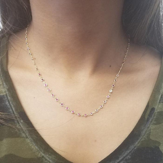 Pink Sapphire and Diamond Station Necklace, 14K Rose Gold - 16 inch Chain / 1.00cttw / Good