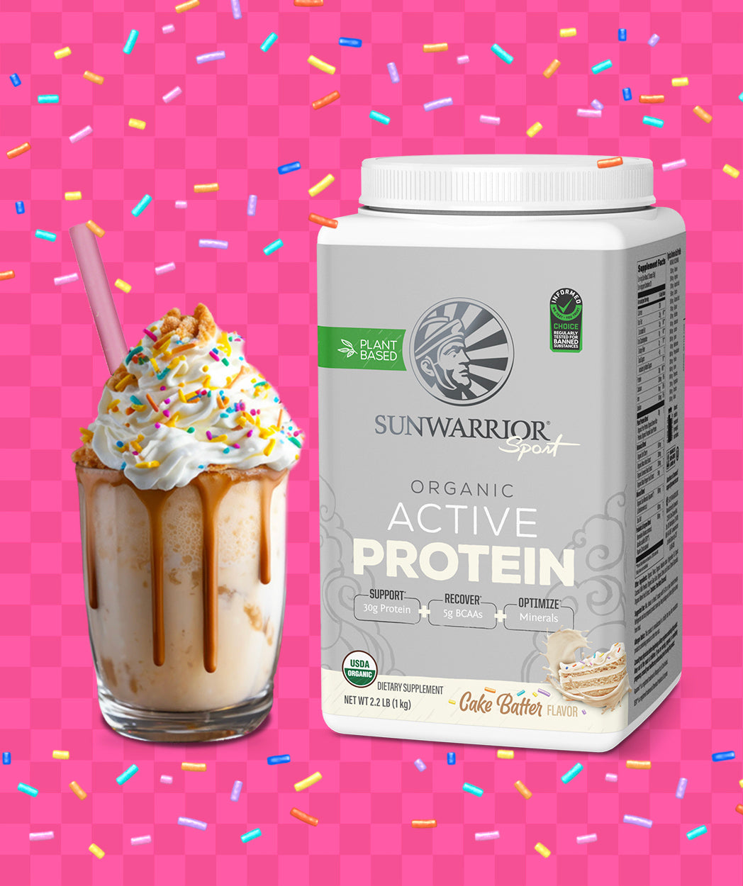 Milkshake with sprinkles next to a container of Sunwarrior Active Protein powder with a pink background.