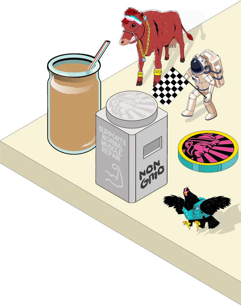 Surreal illustration with cow in jewelry, a glass jar, astronaut, tiger rug, and GMO label.